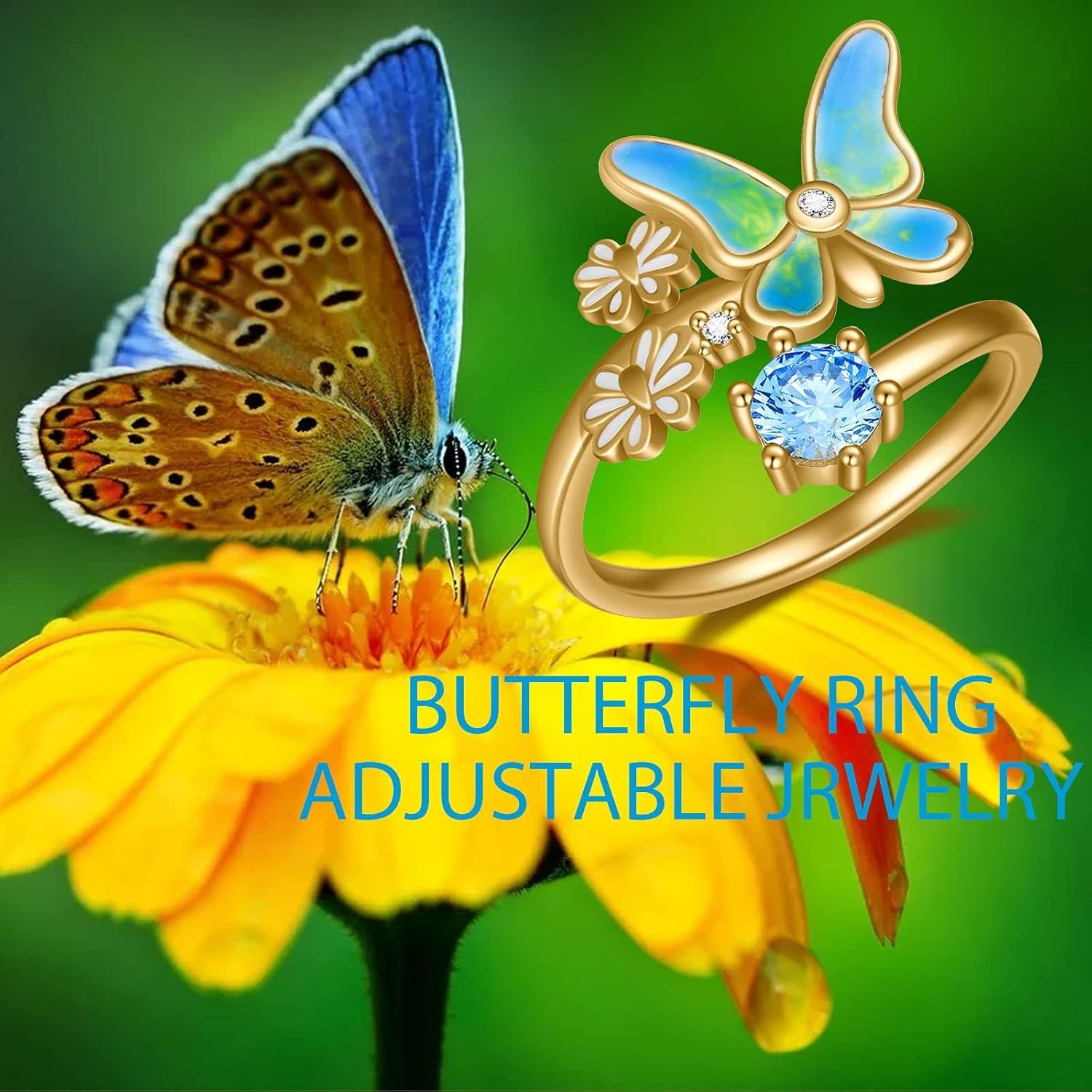 Sterling Silver Butterfly Daisy Adjustable Rings for Women-0-3