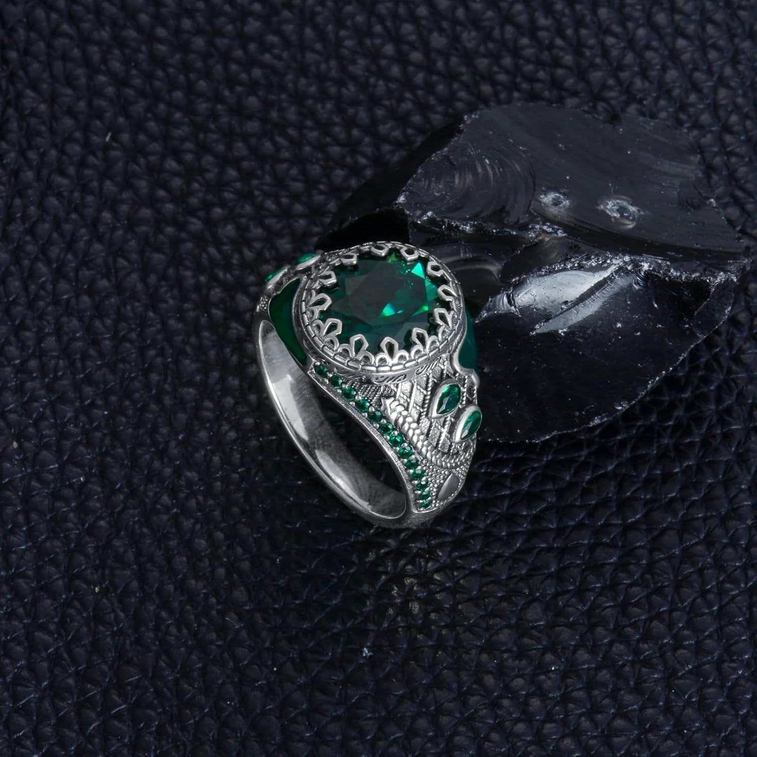 Sterling Silver Emerald Round Ring for Men Vintage Retro Jewelry Gift-0-2