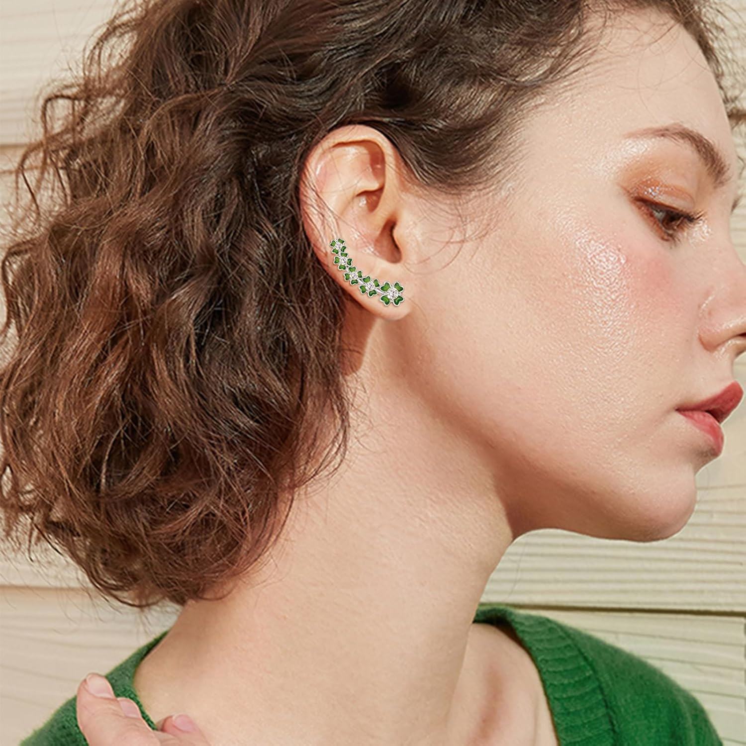 925 Sterling Silver Green Clovers Studs Earrings with Cubic Zirconia for Women St Patrick's Day -0-2