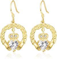 wholesale 18K Gold Plated 925 Sterling Silver Claddagh Birthstone Earrings for Women Irish Celtic Jewelry Gifts-04-April-Lab Created White Topaz