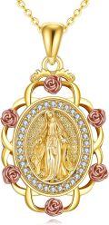 wholesale Gold 925 Sterling Silver Religious Jewelry Virgin Mary Pendant Necklace with Cubic Zirconia and Rose Accents for Women/Men 24 Chain Length-0-0