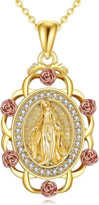 wholesale Gold 925 Sterling Silver Religious Jewelry Virgin Mary Pendant Necklace with Cubic Zirconia and Rose Accents for Women/Men 24 Chain Length-Virgin Mary