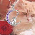 wholesale 925 Sterling Silver Moon & Purple CZ Cat Pendant Necklace Gifts for Women Girls Cats Lover Charm Jewelry-0-1