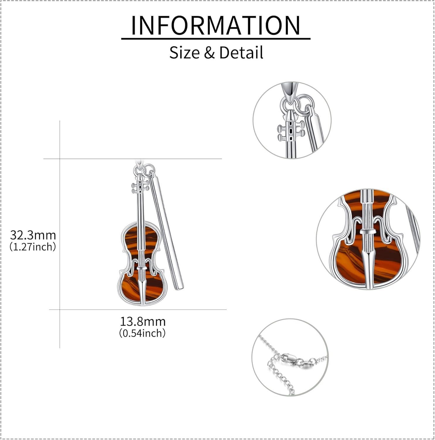 925 Sterling Silver Violin & Bow Musical Notes Pendant Necklace with Amber Stone for Women-0-2