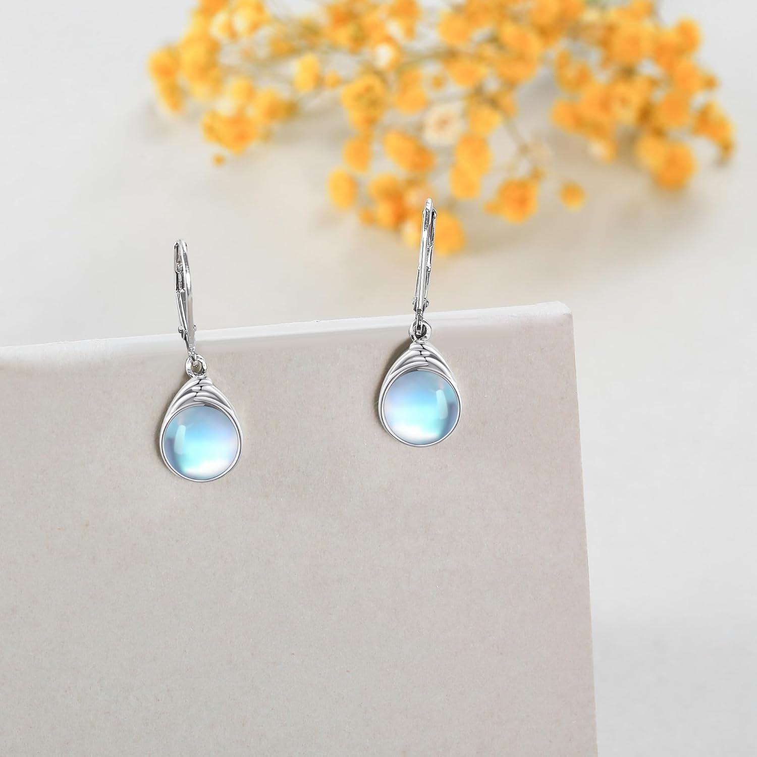 925 Sterling Silver Round Moonstone Drop Earrings-0-2