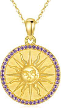 wholesale 925 Sterling Silver Gold Plated Sun Coin Necklace for Women with Birthstone Celestial Jewelry Gift-02-February