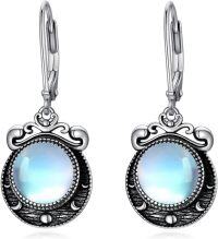 wholesale S925 Sterling Silver Moonstone Moon Phase Earrings, Sparkle Dangle Drop Jewelry, Natural Gemstone Gift for Women, 33x13mm, 5.3g-Moonstone