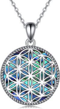 wholesale 925 Sterling Silver Round Flower of Life Necklace with Abalone Shell and Turquoise Stone Inlay-Flower of life necklace