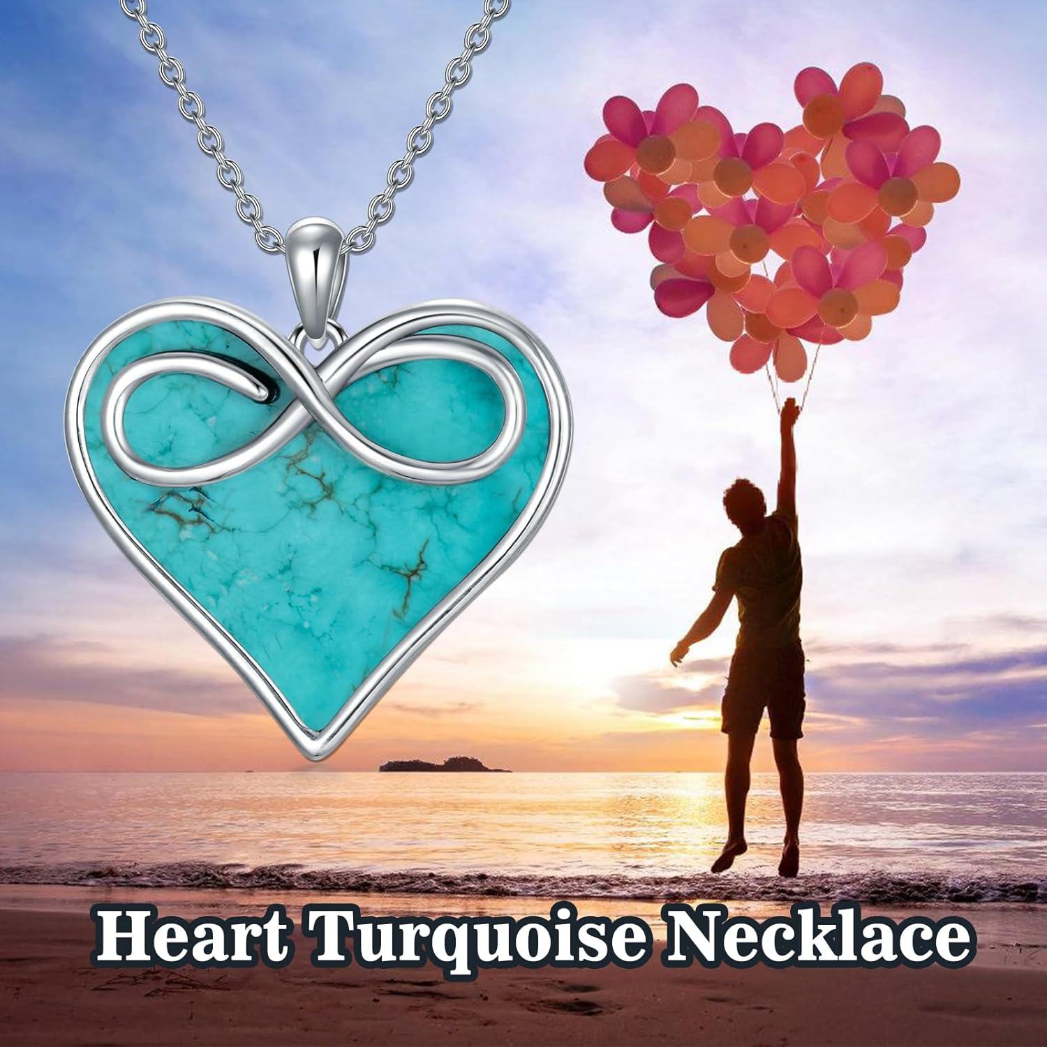 925 Sterling Silver Infinity Turquoise Heart Pendant Necklace Gift for Women-0-4
