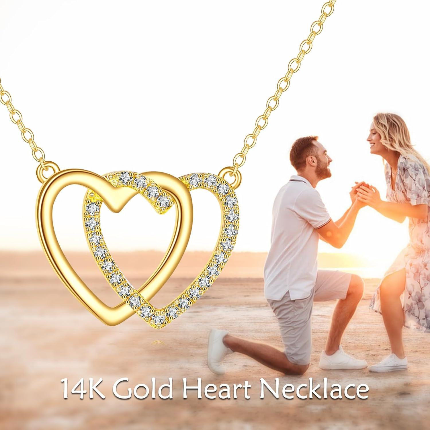 wholesale 10K Golden Cubic Zirconia Double Heart Pendant Necklace for Women-0-4