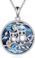 wholesale 925 Sterling Silver Owl Family Pendant Necklace with Abalone Shell and Multi-Colored Stones - Unique Gift for Animal Lovers-0-0