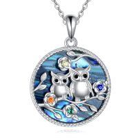 wholesale 925 Sterling Silver Owl Family Pendant Necklace with Abalone Shell and Multi-Colored Stones - Unique Gift for Animal Lovers-owl