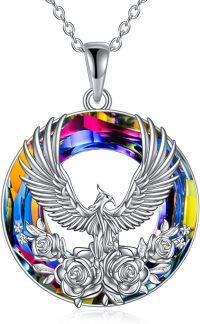 wholesale 925 Sterling Silver Rainbow Crystal Phoenix Pendant Necklaces - Renewal Nirvana Jewelry for Women-Phoenix with Flower-Volcano