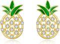 wholesale Gold Plated Pineapple Stud Earrings with Green Leaves and Cubic Zirconia for Women Girls 925 Sterling Silver Hypoallergenic  Idea-0-0