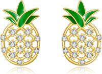 wholesale Gold Plated Pineapple Stud Earrings with Green Leaves and Cubic Zirconia for Women Girls 925 Sterling Silver Hypoallergenic  Idea-Pineapple