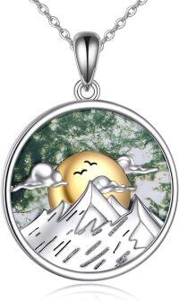 wholesale 925 Sterling Silver Green Agate Mountain Scene Pendant Necklace for Women-Mountain