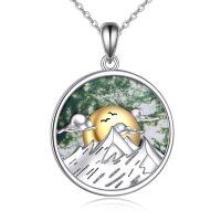 wholesale 925 Sterling Silver Mountain Sunrise Moss Agate Oval Pendant Necklace Two Tone-Mountain
