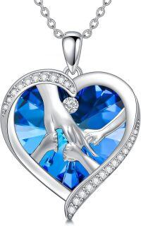 wholesale Sterling Silver & Blue Heart Crystal Mom Necklace - Small Hands Holding Mother's Bond, Gift for Women-3 child