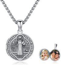 wholesale 925 Sterling Silver Saint Benedict Photo Locket Necklace with Chain and Cross Charm for Men & Women-St Benedict (Locket)