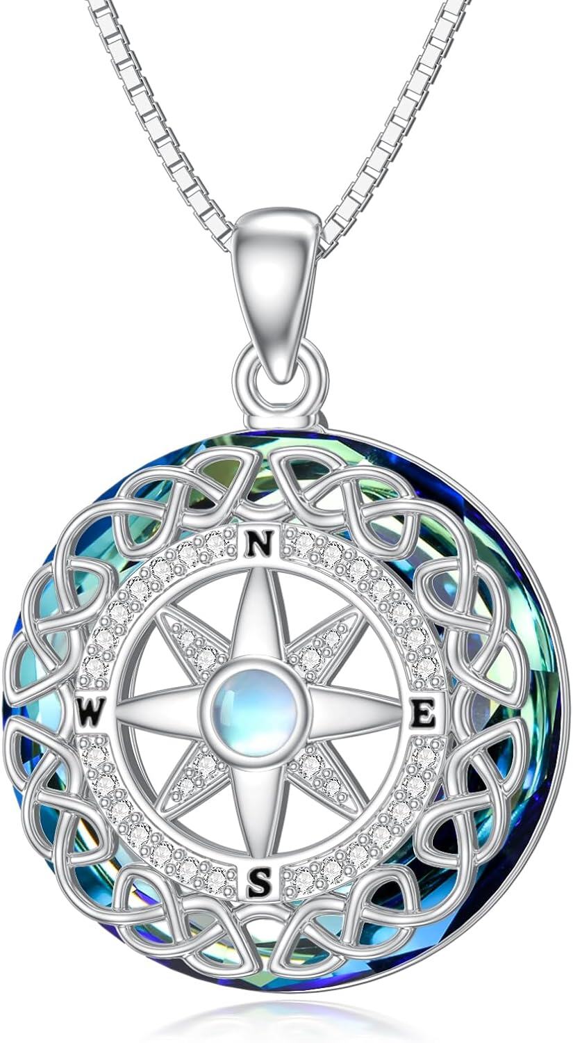 Sterling Silver Moss Agate Turquoise Clover Ankh Sun Compass Necklace w Butterfly Dragonfly Bee Pendant Women s Gift-Compass