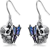 wholesale 925 Sterling Silver Halloween Jewelry Skeleton Hand Bat Cat Spider Skull Ghost Earrings Gifts for Women-Skull Butterfly