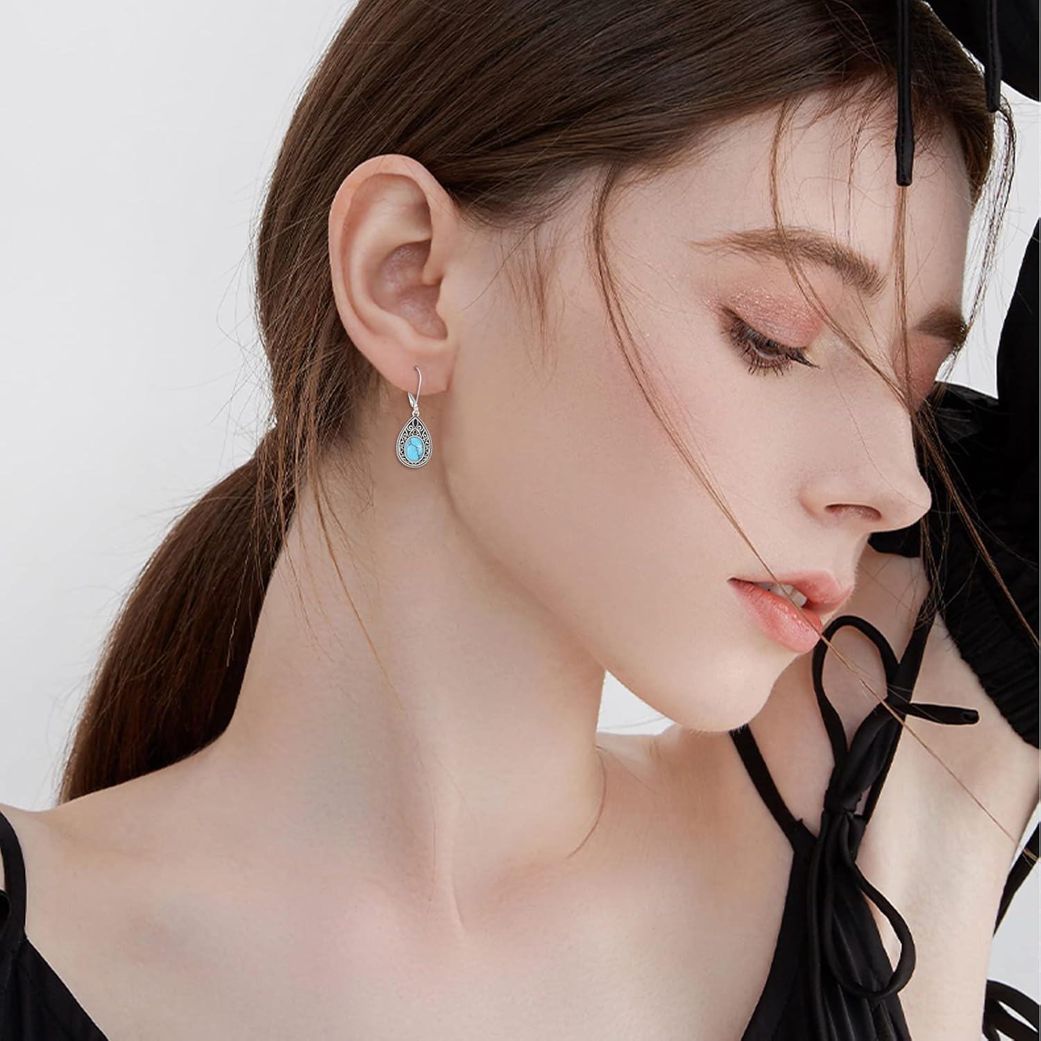 Sterling Silver Lapis Turquoise Onyx Agate Dangle Drop Leverback Earrings Western Boho Vintage Jewelry-0-4