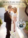 wholesale 925 Sterling Silver & White Gold Plated Black Freshwater Pearl Double Heart Pendant Necklace-0-4