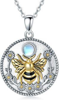wholesale 925 Sterling Silver Bee Moonstone Pendant Necklace with Gold Accents and Floral Design-Honey Bee