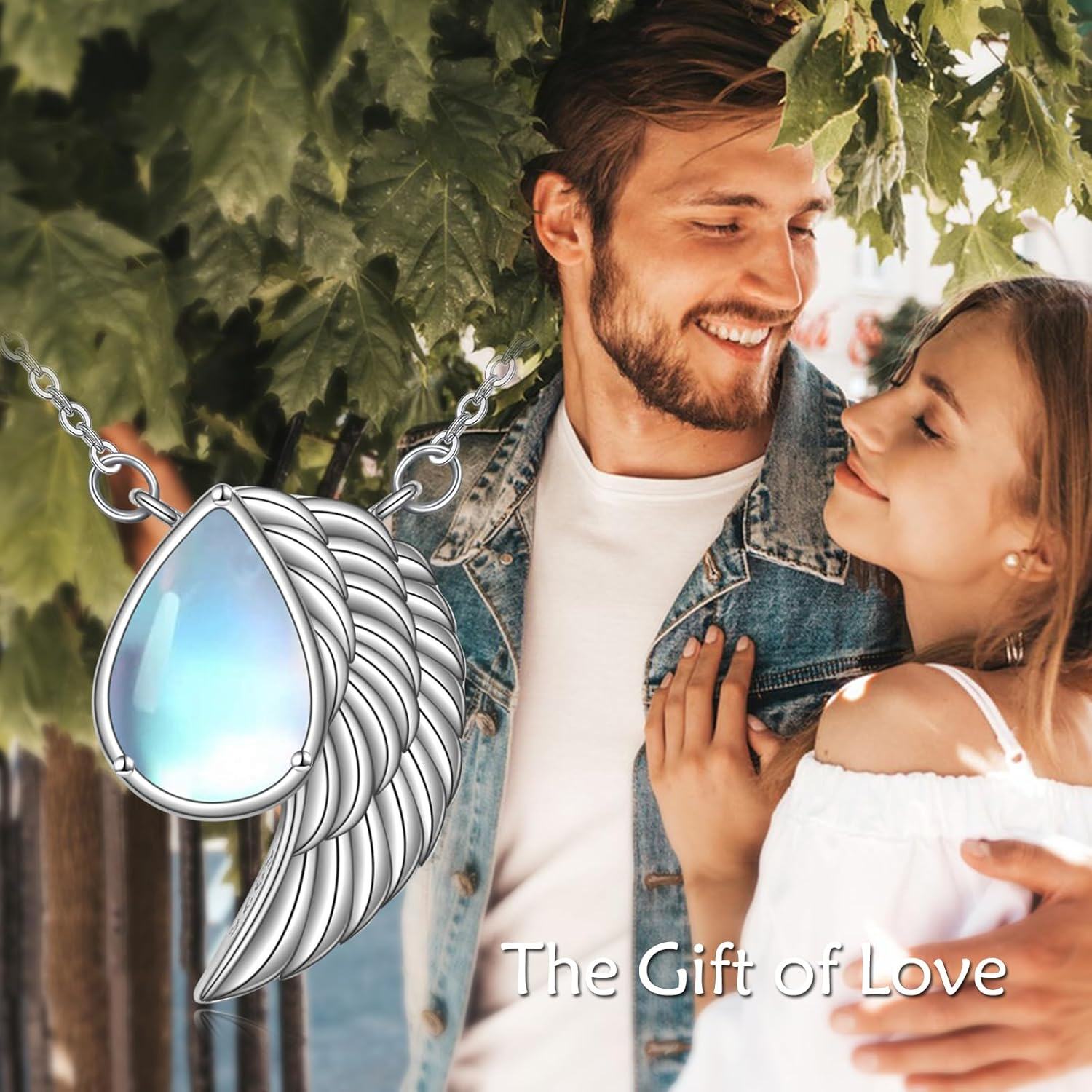 wholesale 925 Sterling Silver Angel Wing Teardrop Pendant Necklace with Blue Moonstone and Feather Design for Women Girls  48cm Chain Length-0-1