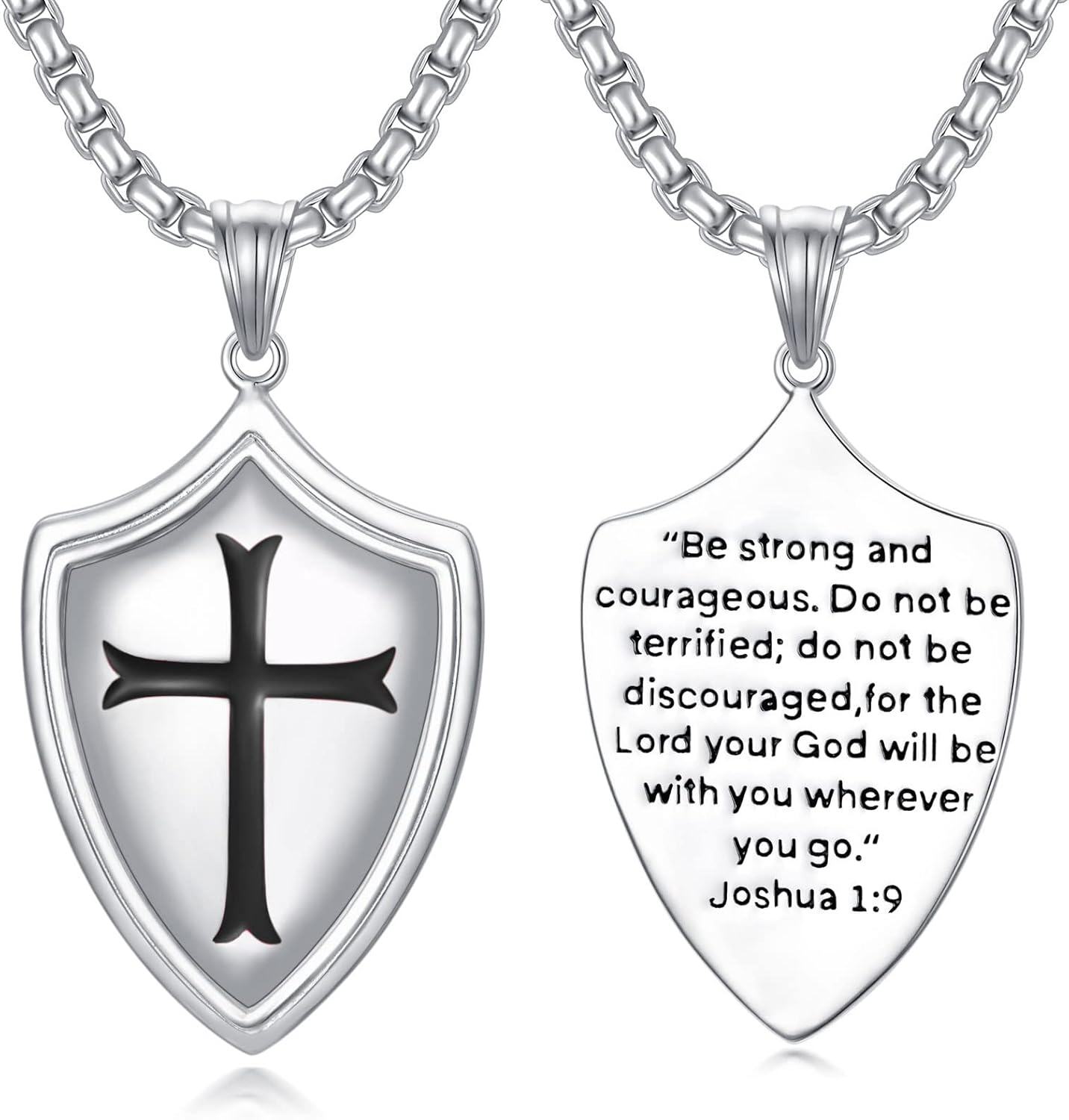 Stainless Steel Sterling Silver Knights Templar Cross Joshua 1 9 Shield Pendant Necklace-Black Cross
