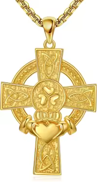 wholesale Gold Celtic Knot Claddagh Heart Cross Pendant Necklace Wholesale for Men & Women - Religious  Set w/ 24 Rope Chain and Box Packaging-A-Claddagh Cross-Gold