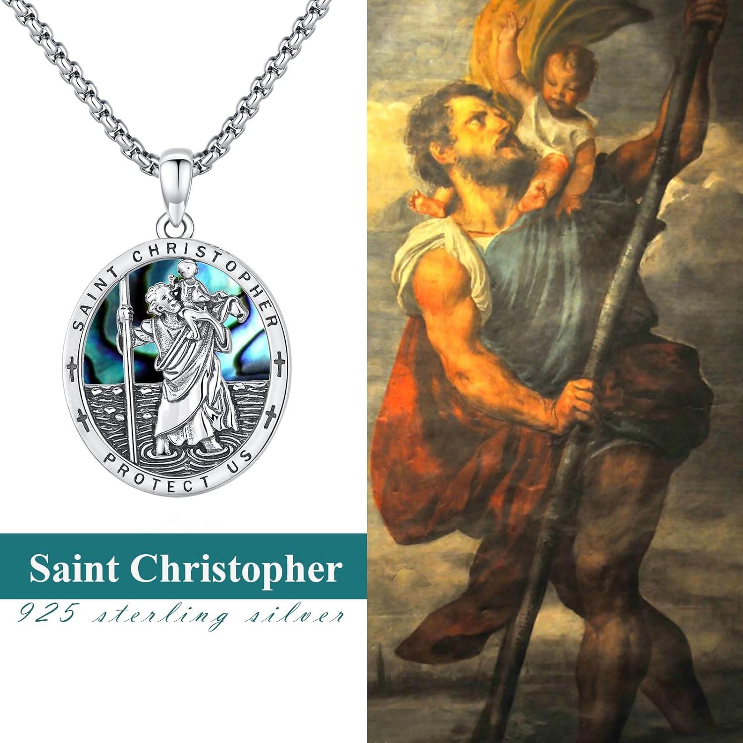 925 Sterling Silver 925 Saint Christopher Protect Us Necklace with Abalone Shell & Chain for Men/Women-0-1