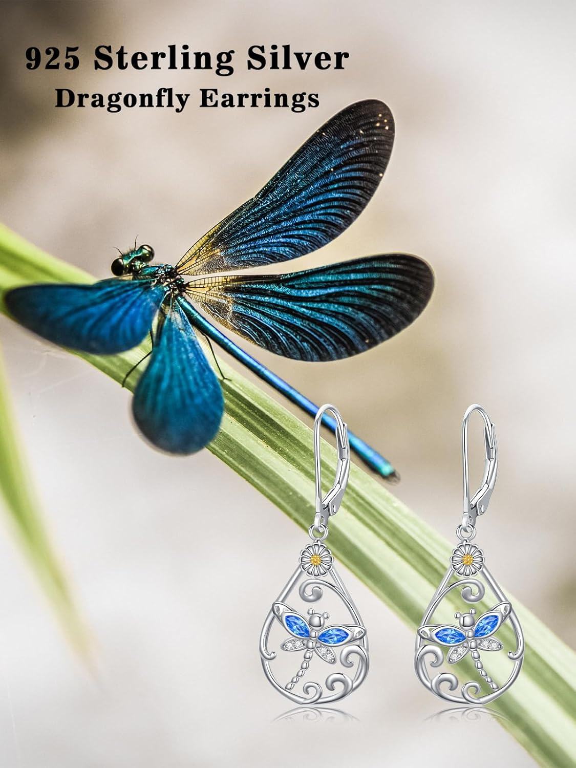 wholesale 925 Sterling Silver Blue Crystal Dragonfly Drop Earrings for Women Girls  4cm Long-0-5