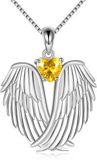 wholesale Sterling Silver Birthstone Angel Wings Pendant Necklace-November-Yellow