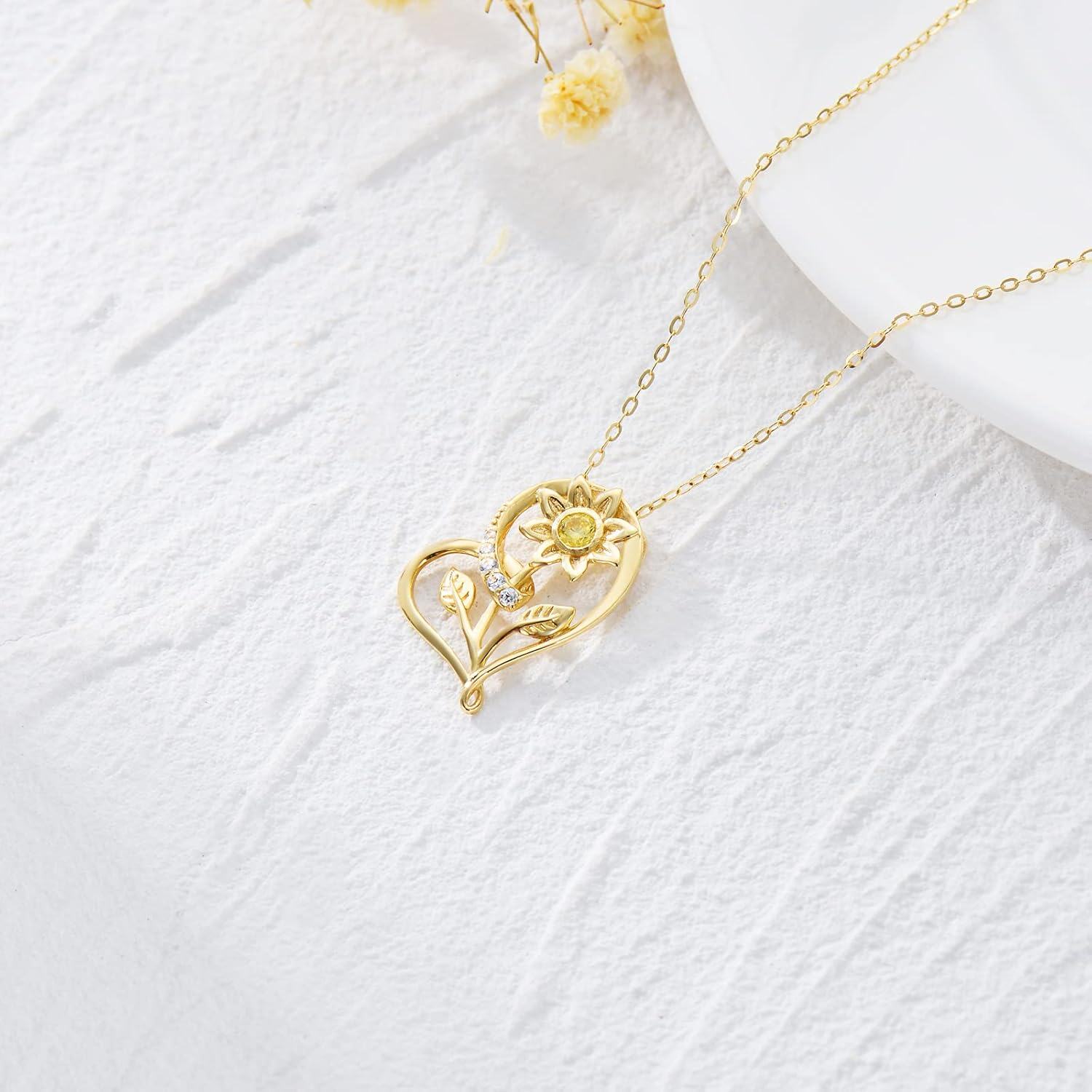 14K Gold Sunflower Heart Necklace for Women Real Gold Flower Pendant Fine Jewelry Gift for Wife Mom Girlfriend 16 18 -0-4