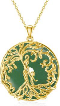 wholesale 14K Gold Sterling Silver Jade Tree of Life Necklace for Women-2B-Mother 1 Children-Gold-Green Jade-2B-Mother 1 Children-Gold-Green Jade