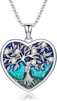 wholesale 925 Sterling Silver Heart-Shaped Tree of Life Pendant with Blue and Green Enamel & Cubic Zirconia - Mother Daughter Family Tree s for Mom/Daughter/Grandma-Tree of Life Mother Daughter