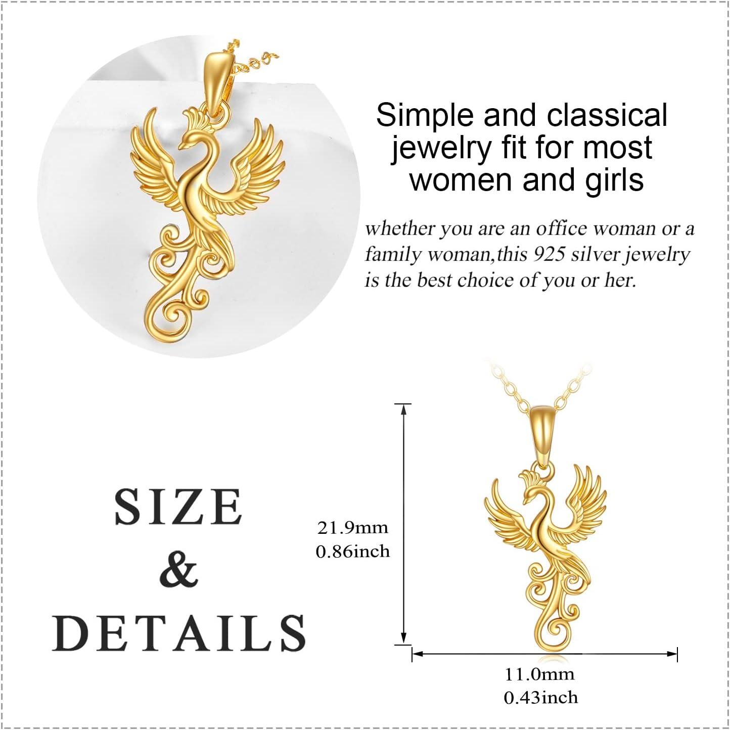 14K Yellow Gold Phoenix Pendant Necklace with Stone for Women Jewelry Gifts-0-5