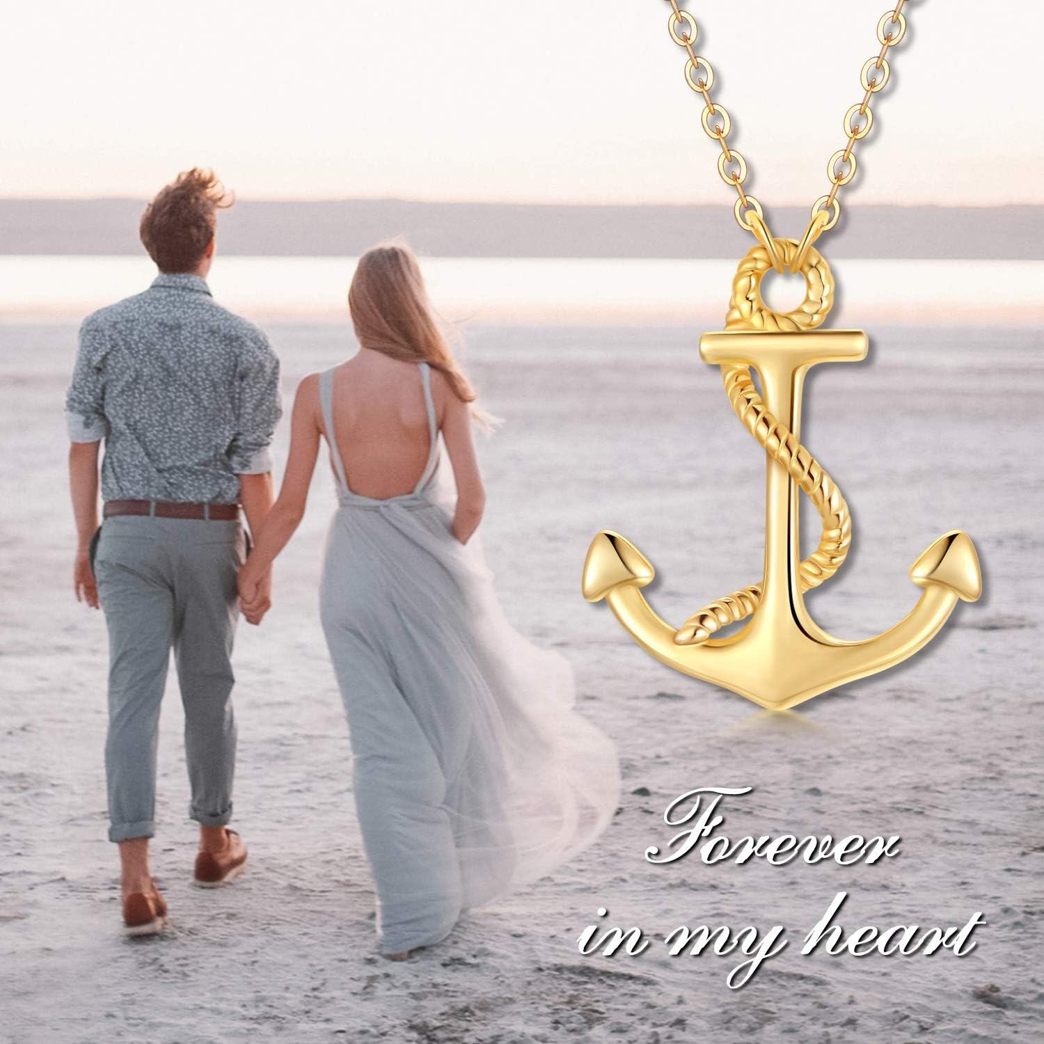 14K Gold Nautical Rope Anchor Pendant Necklace for Women 16+1+1 Inch-0-5
