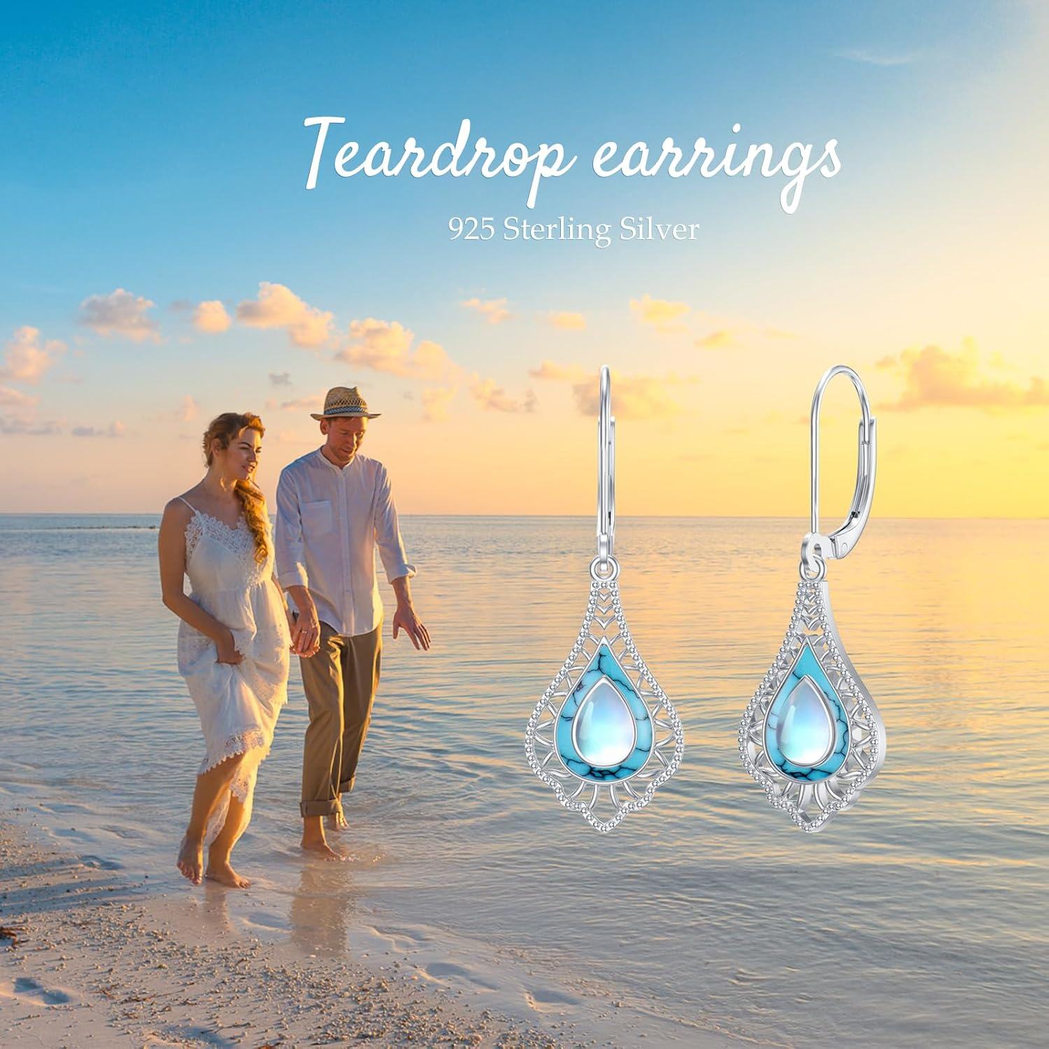 wholesale 925 Sterling Silver Moonstone & Turquoise Teardrop Bohemian Dangle Earrings with Leverbacks-0-5