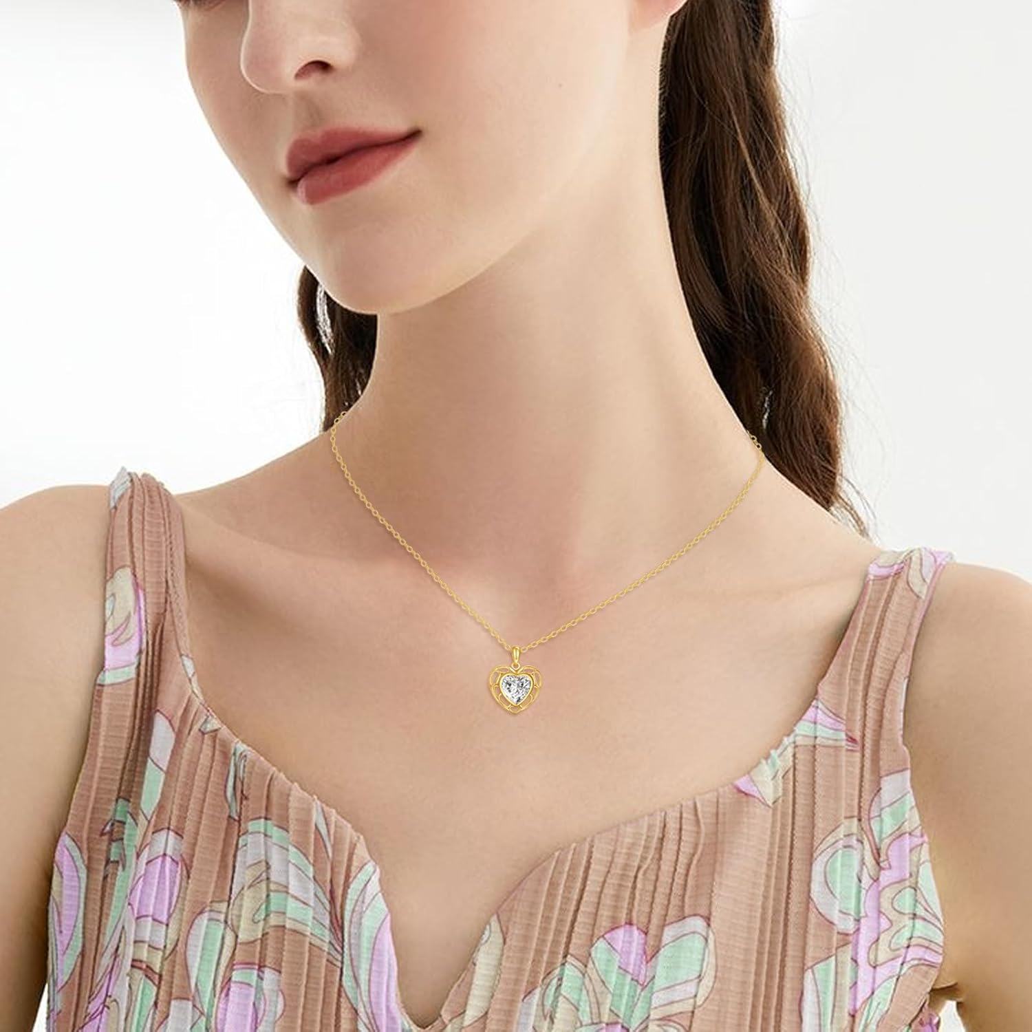 14K Yellow Gold Moissanite 2ct Heart Pendant Necklace Dainty Gift for Women-0-2