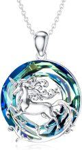 wholesale 925 Sterling Silver Blue Crystal Unicorn Pendant Necklace for Women Girls  45cm Chain Length-0-0