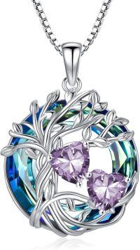 wholesale 18K White Gold Filled Sterling Silver Family Tree Pendant with 2 Heart Birthstones Blue Austrian Crystal Necklace for Women-06-06-Jun-Jun Birthstone