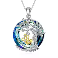 TOUPOP Sterling Silver Blue Crystal Bee Necklace Honeycomb Tree Of Life-undefined