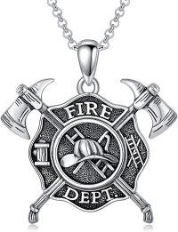 wholesale 925 Sterling Silver Fire Department Badge Necklace with Axes and Helmet Pendant for Men & Women-Style 1