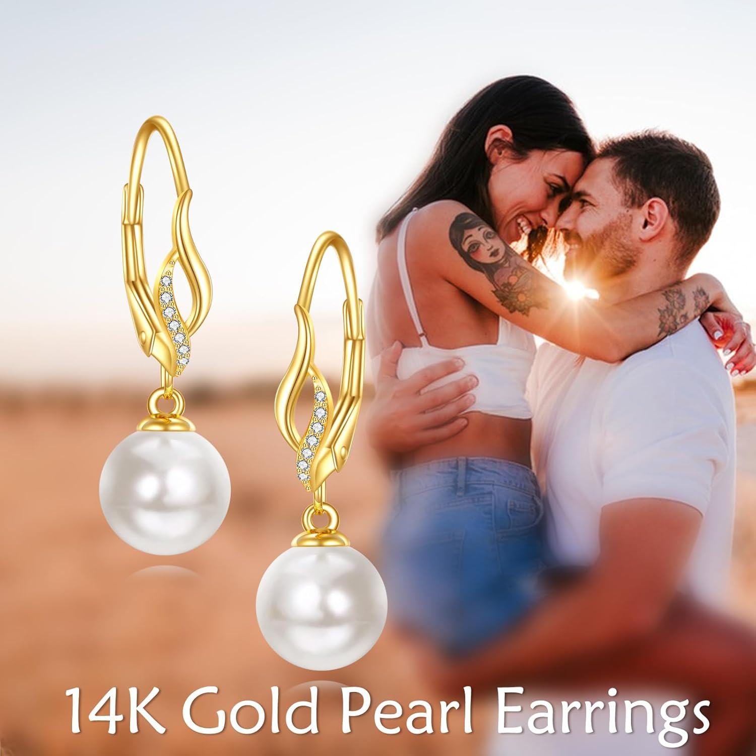 14K Gold Pearl Leverback Drop Earrings for Women Bridesmaid Gifts-0-4