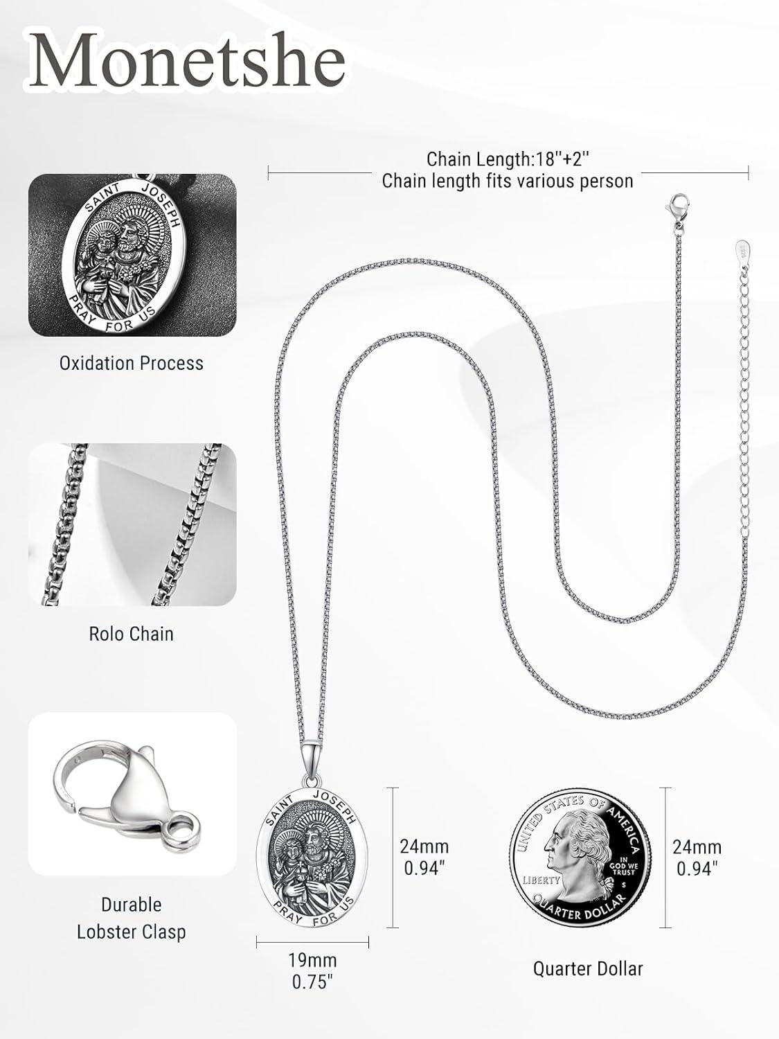 Sterling Silver Monetshe Patron Saint Medals Catholic Pendant Necklaces-0-2