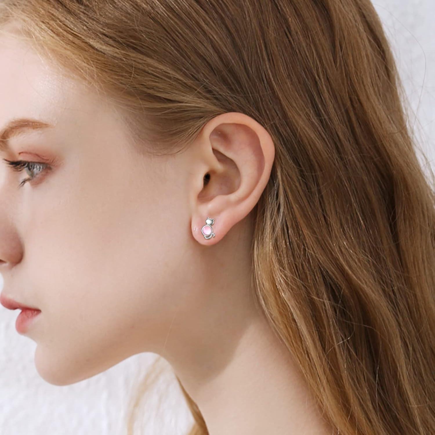 925 Sterling Silver Pink Cat Stud Earrings-0-2