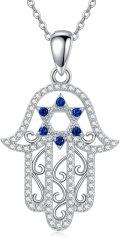 wholesale 925 Sterling Silver Blue Sapphire & Cubic Zirconia Hamsa Hand Pendant Necklace with Chain 36 Length-0-0