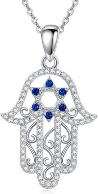wholesale 925 Sterling Silver Blue Sapphire & Cubic Zirconia Hamsa Hand Pendant Necklace with Chain 36 Length-Star of David